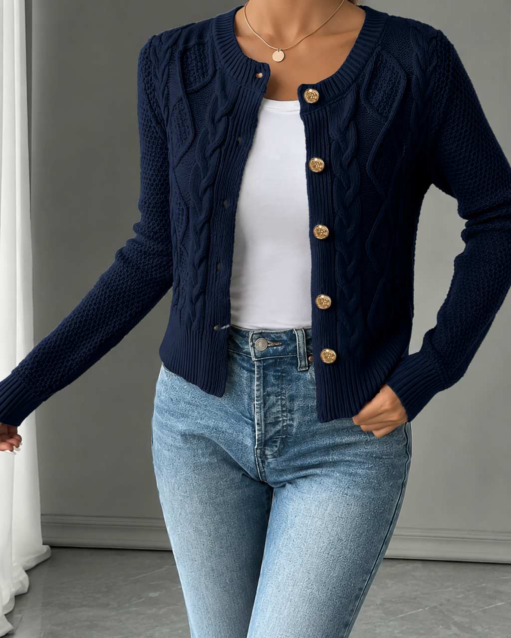 Office Chic – Soft Cable-Knit Button-Front Cardigan
