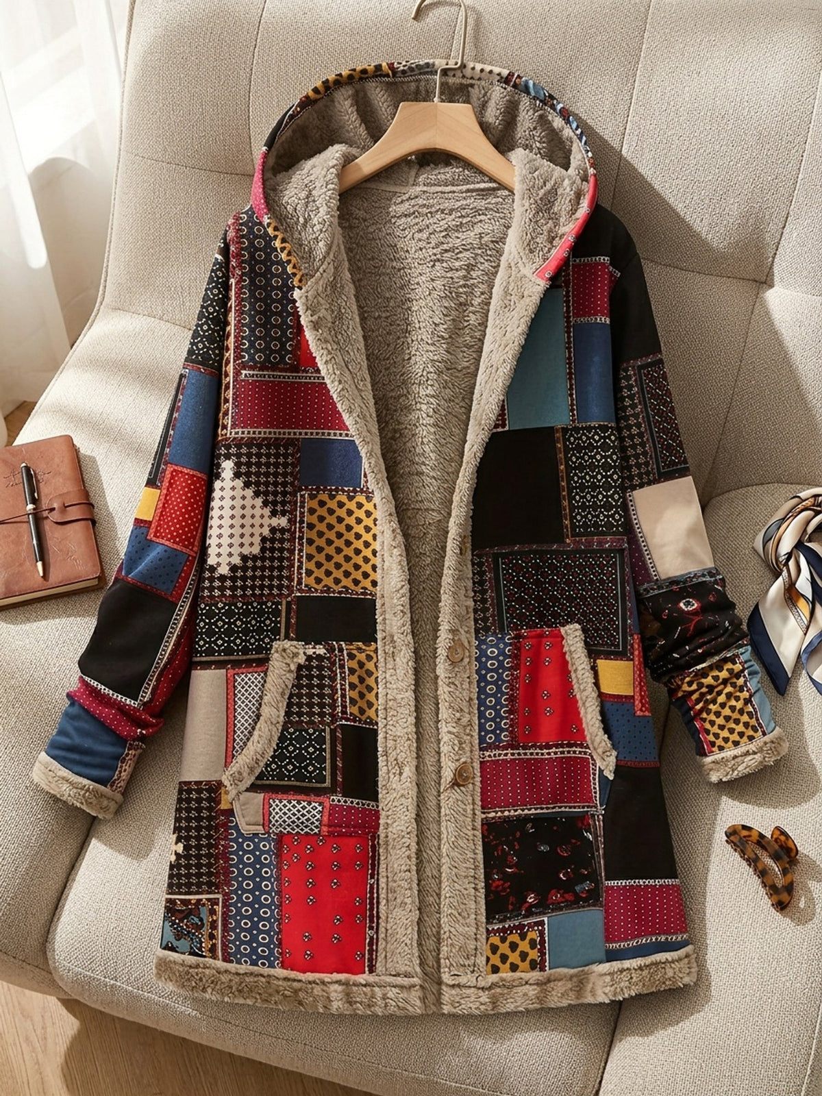 Patchwork Hooded Jacket - Cozy Cotton Blend - Casual Outerwear for Women