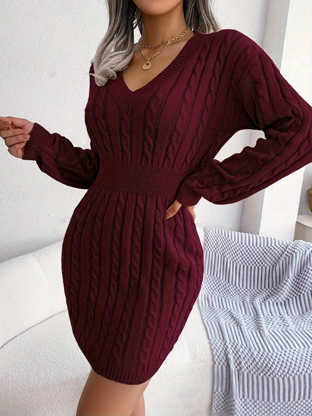 Cable-Knit Peplum Sweater Dress in Soft Fabric for Casual Wear