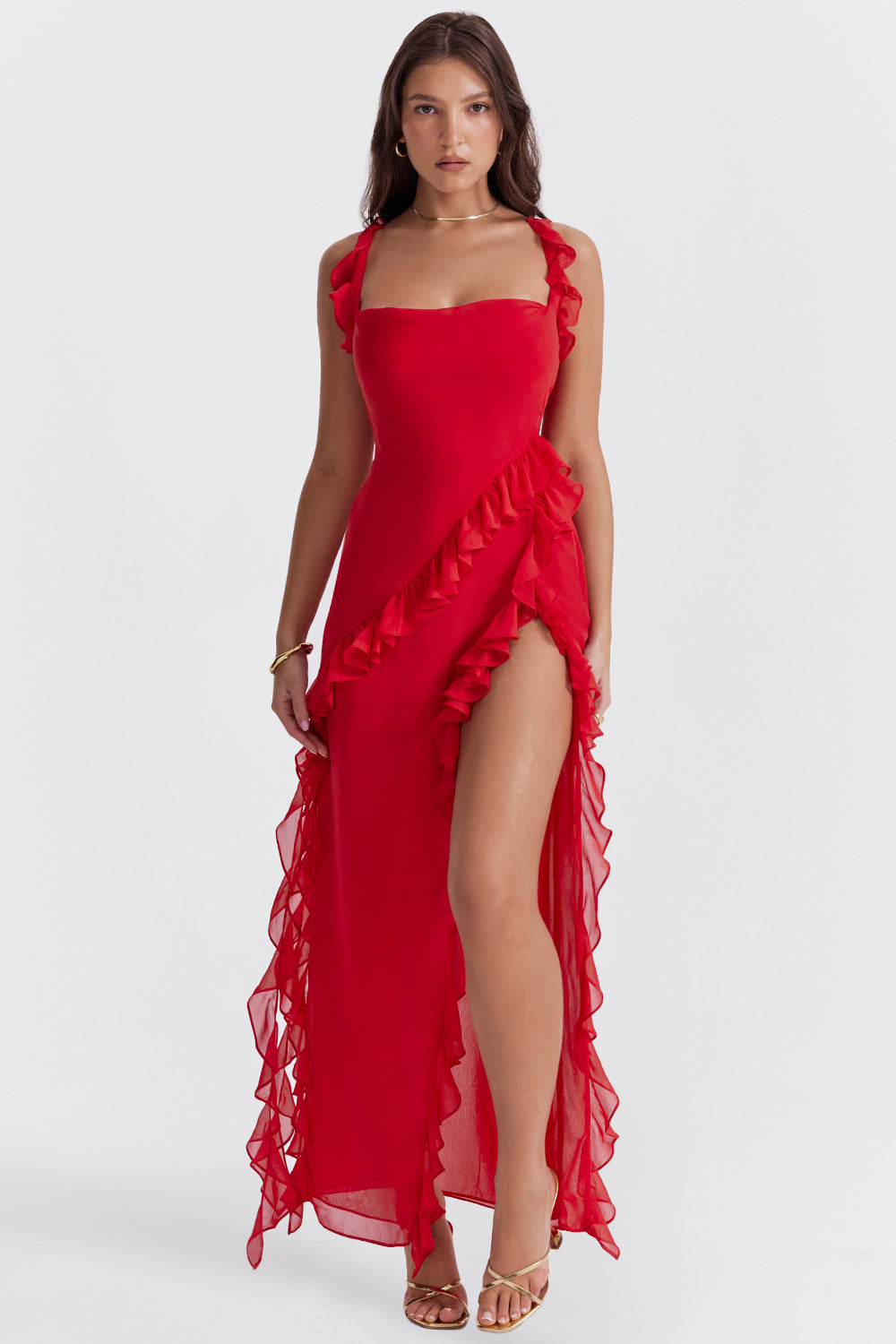 Square Neck Ruffle Maxi Dress with Thigh-High Slit for Evening Events
