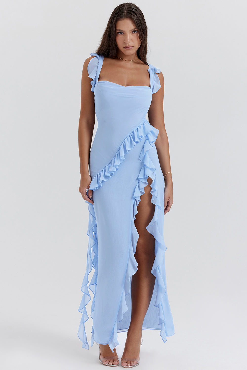 Square Neck Ruffle Maxi Dress with Thigh-High Slit for Evening Events