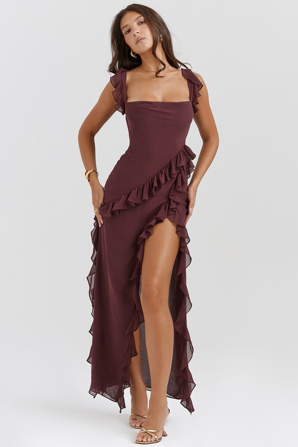 Square Neck Ruffle Maxi Dress with Thigh-High Slit for Evening Events