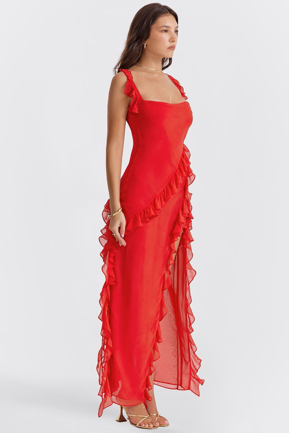 Square Neck Ruffle Maxi Dress with Thigh-High Slit for Evening Events