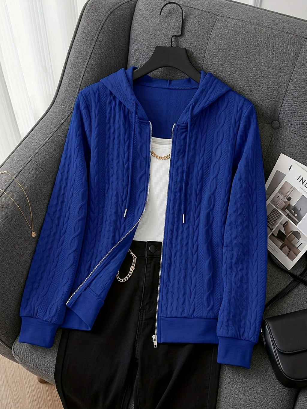 Textured Zip-Up Hooded Jacket for Women - Casual Outerwear in Various Sizes