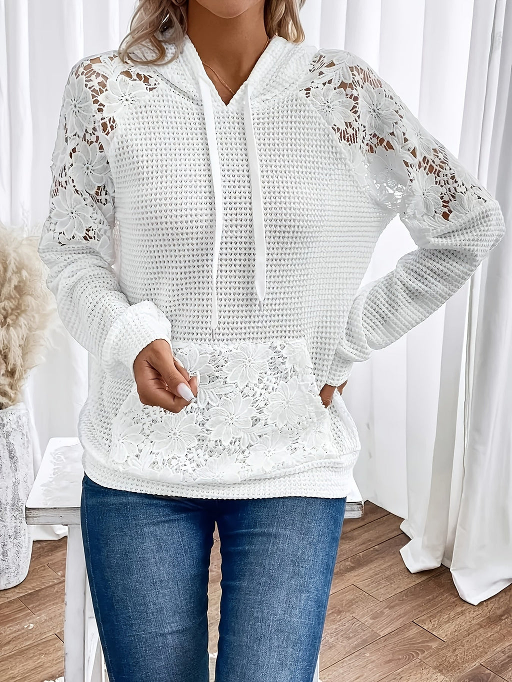 Floral-Trimmed Hooded Sweatshirt for Women - Casual Wear Top