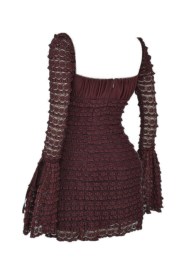 Brown Floral Lace Mini Dress Women UK – Gathered Bust Gown, Garden Party Cocktail