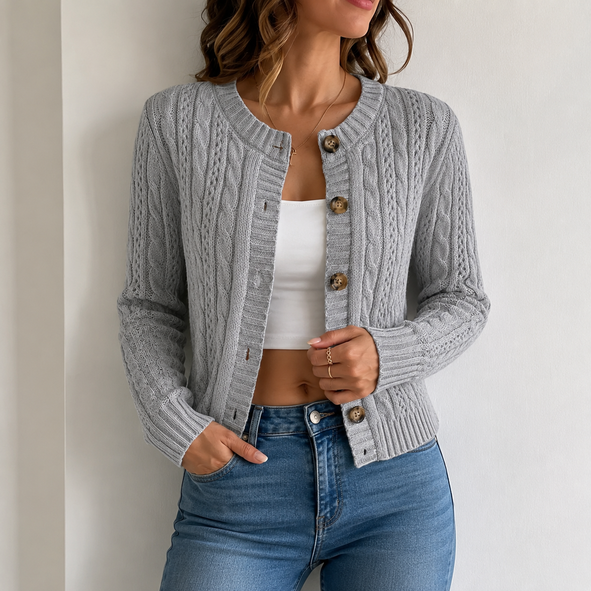 Everyday Elegance – Soft Cable-Knit Tailored Cardigan