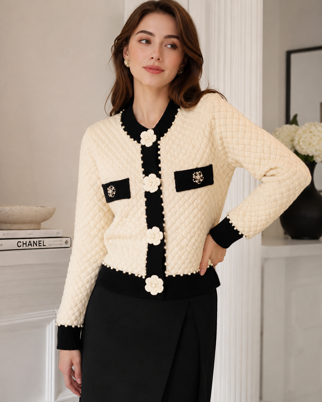 Everyday Elegance – Pearl-Adorned Cardigan with Pockets