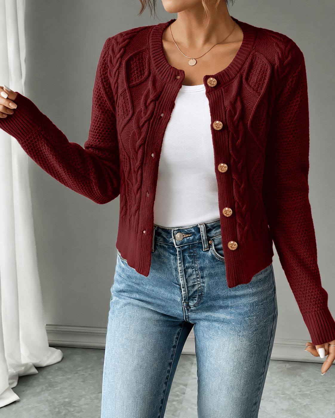 Office Chic – Soft Cable-Knit Button-Front Cardigan