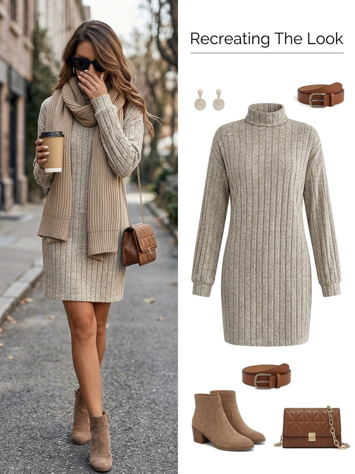 Ribbed Turtleneck Sweater Dress in Knit Fabric for Casual Fall Outfits