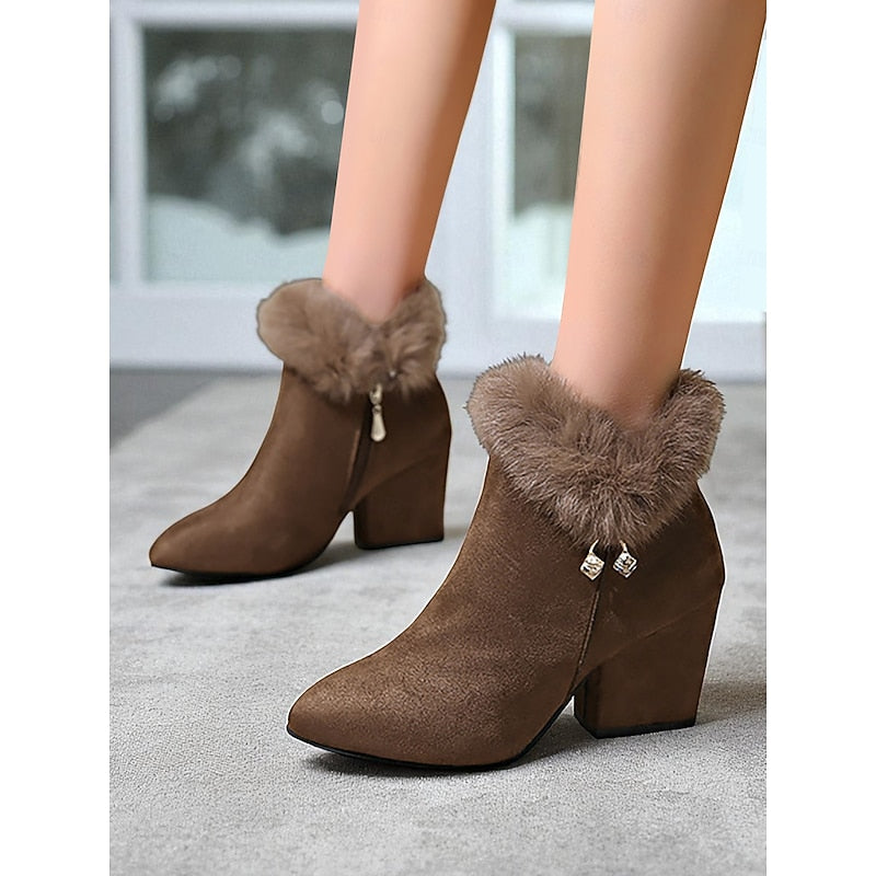 Fur-Trimmed Block Heel Ankle Boots for Women - Stylish Winter Footwear