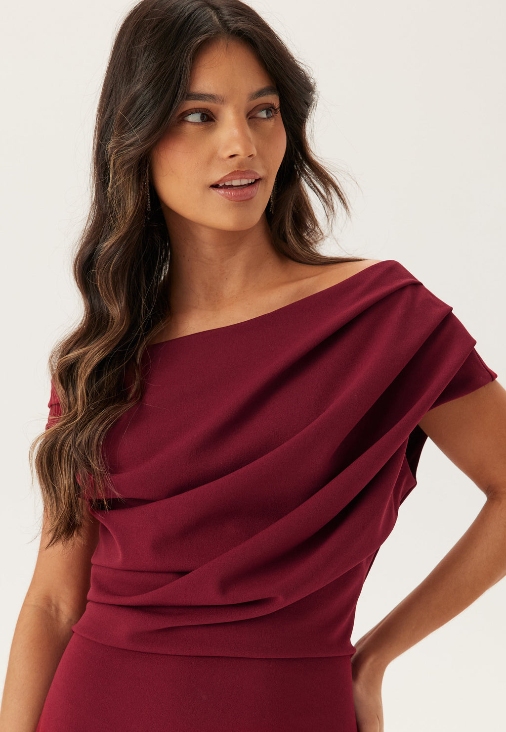 Burgundy One-Shoulder Maxi Dress Women UK – Formal Occasion Wedding Guest Evening Gown, Cocktail