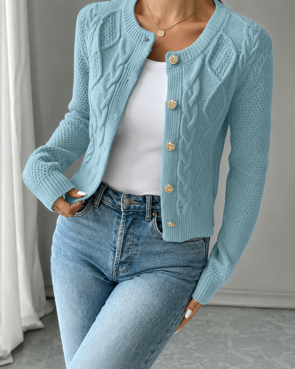 Office Chic – Soft Cable-Knit Button-Front Cardigan