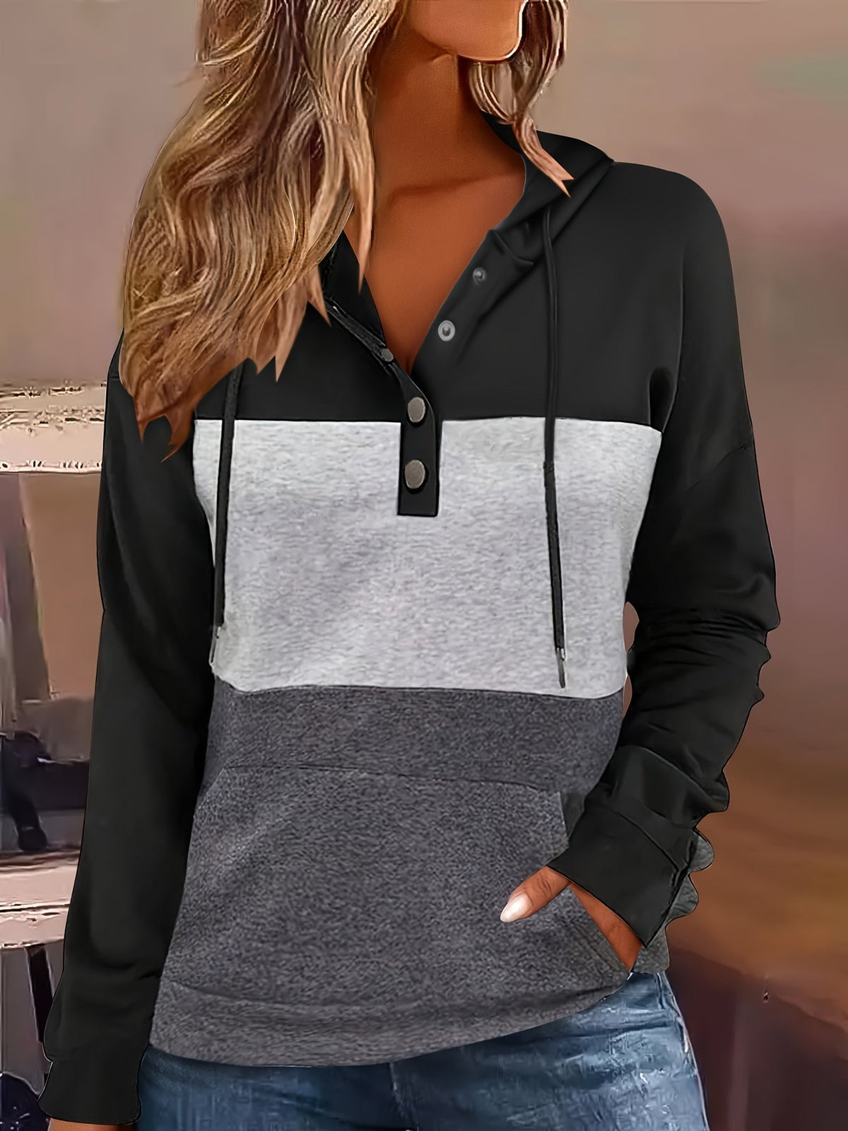 Color Block Button-Neck Hoodie | Cotton Blend | Casual Wear for Women