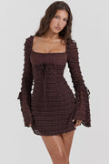 Brown Floral Lace Mini Dress Women UK – Gathered Bust Gown, Garden Party Cocktail
