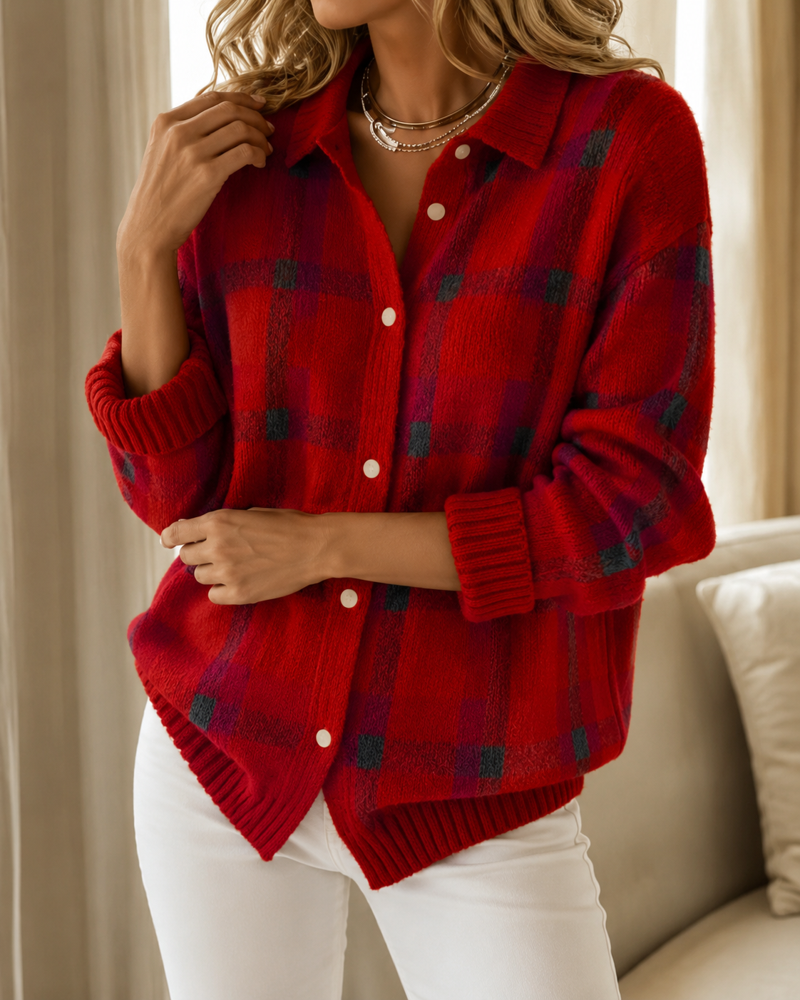 Chic Layering Essential – Checkered Longline Cardigan