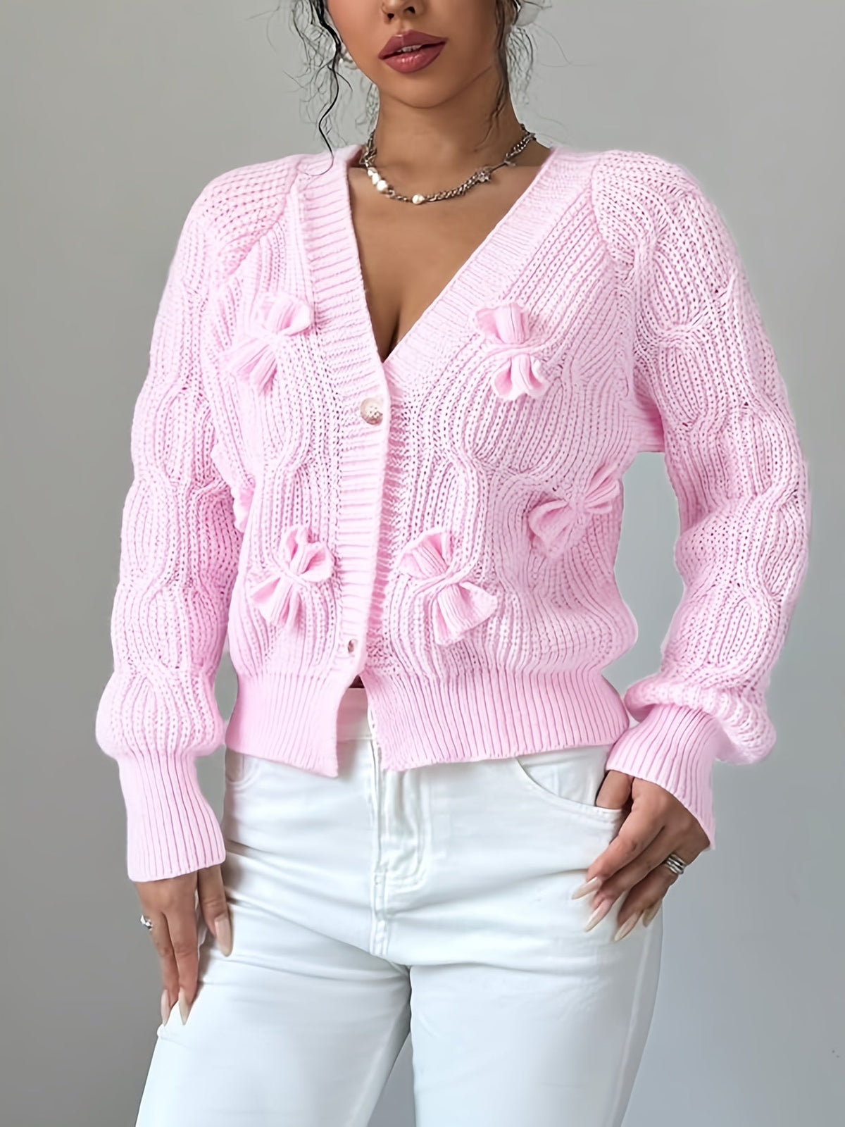 Soft Bow-Detail Long Sleeve Cardigan in Comfortable Knit for Casual Wear