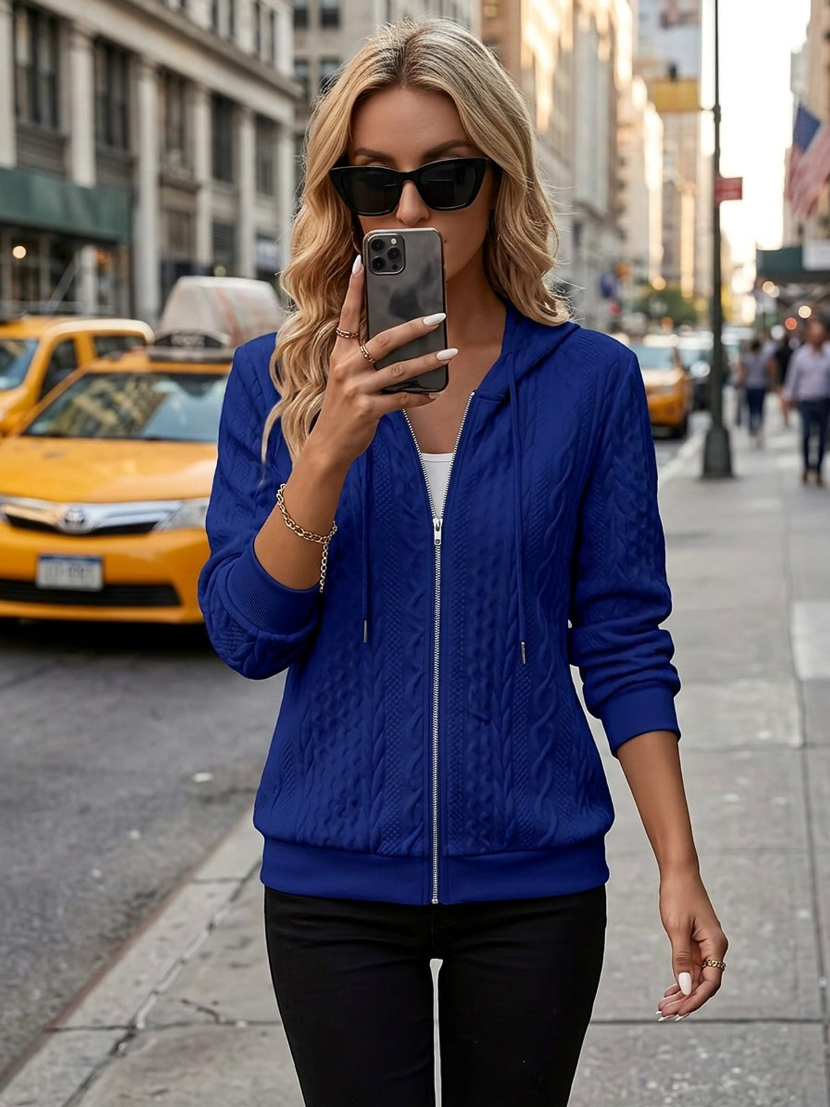 Textured Zip-Up Hooded Jacket for Women - Casual Outerwear in Various Sizes