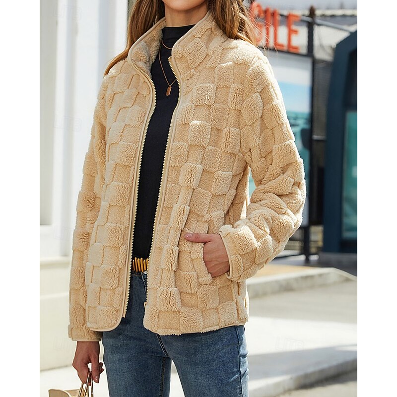 Textured Stand-Collar Zip Coat for Women - Stylish Outerwear for Casual Wear