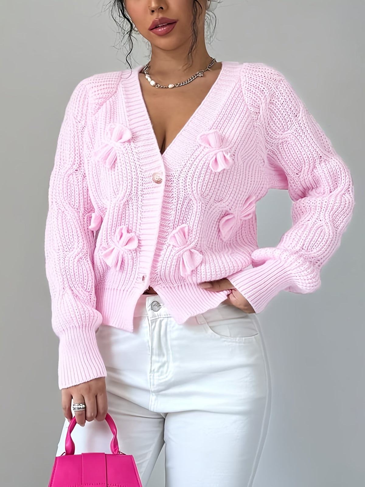 Soft Bow-Detail Long Sleeve Cardigan in Comfortable Knit for Casual Wear