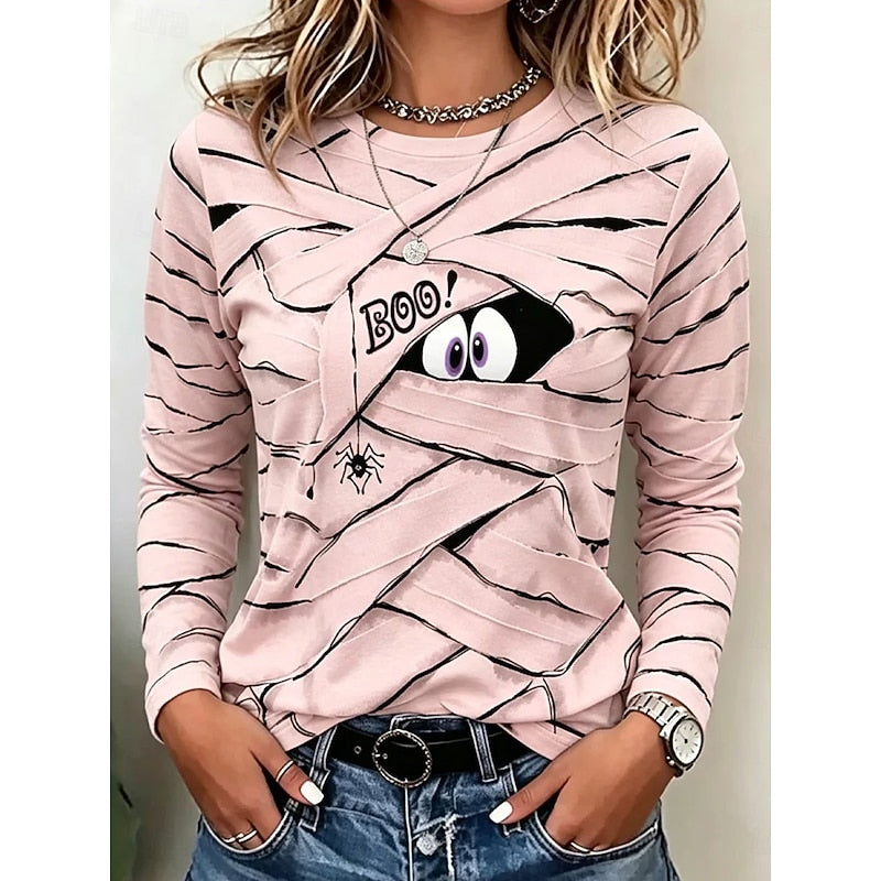 Halloween Print Long Sleeve Top for Women - Spooky Graphic Design