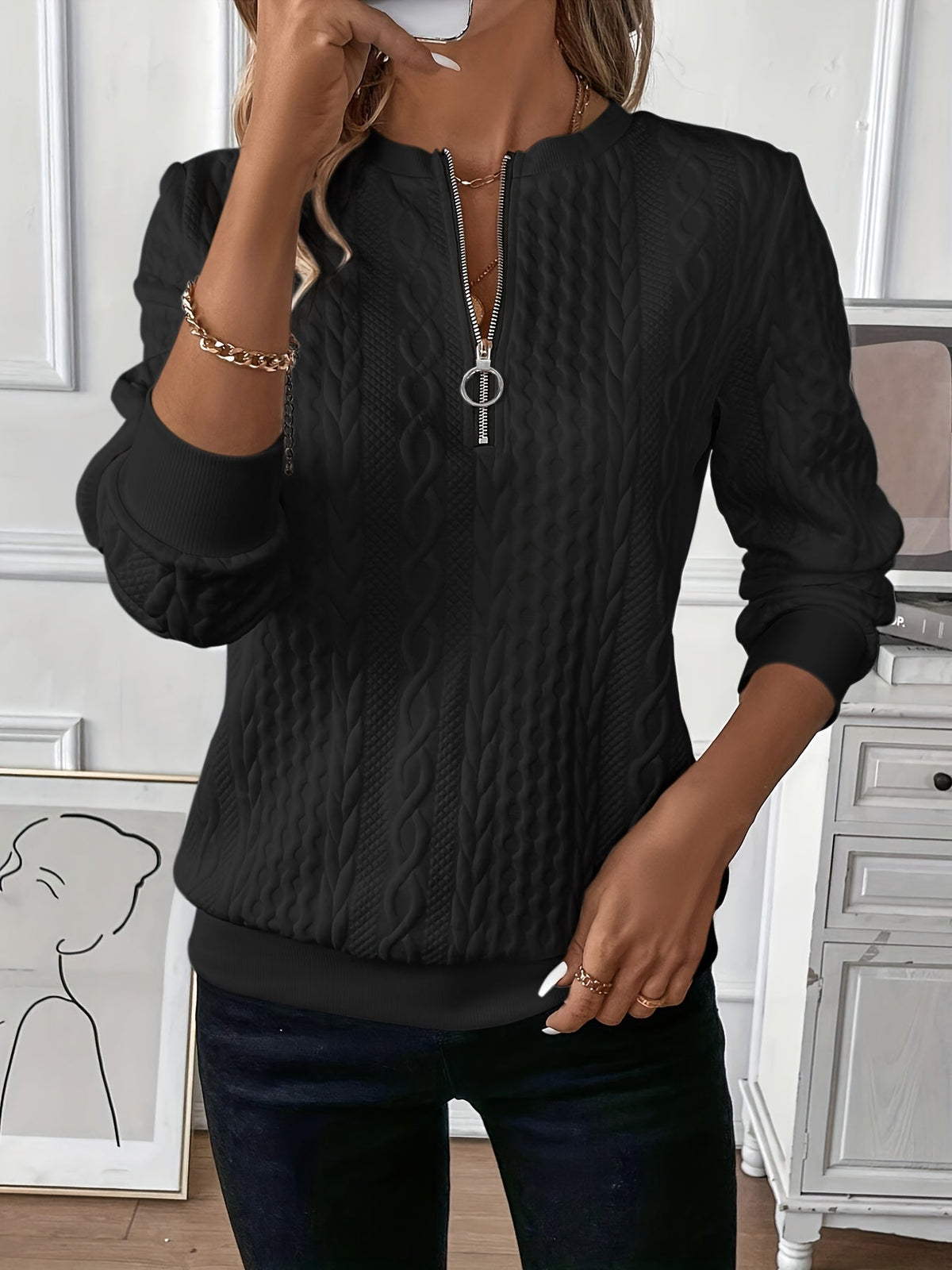 Women's Cable Knit Zip-Up Jumper Sweater for Casual Wear