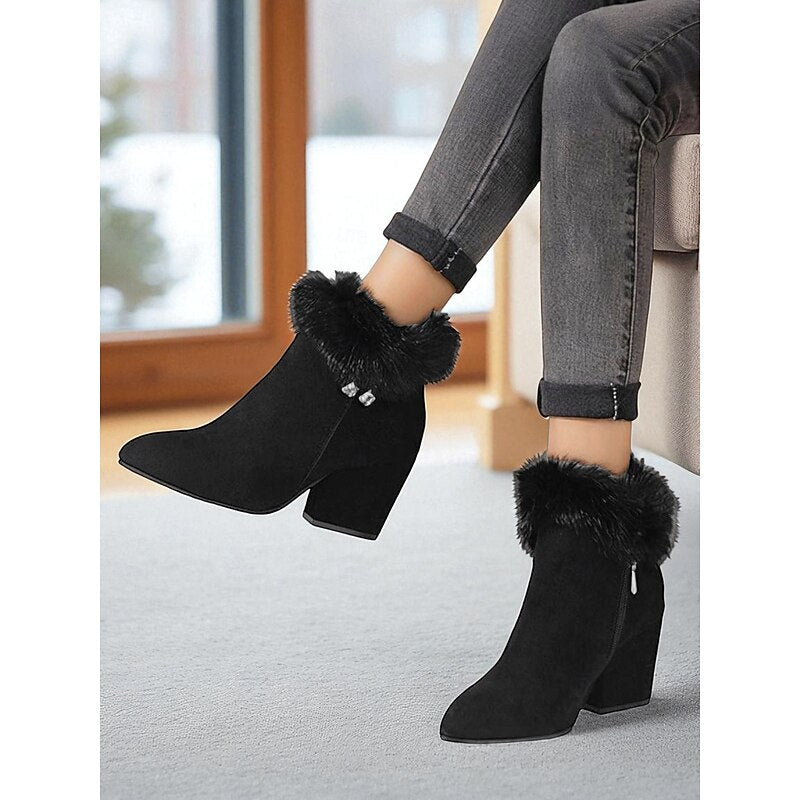 Fur-Trimmed Block Heel Ankle Boots for Women - Stylish Winter Footwear