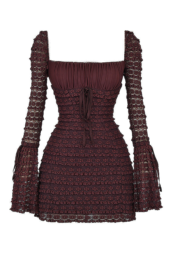 Brown Floral Lace Mini Dress Women UK – Gathered Bust Gown, Garden Party Cocktail