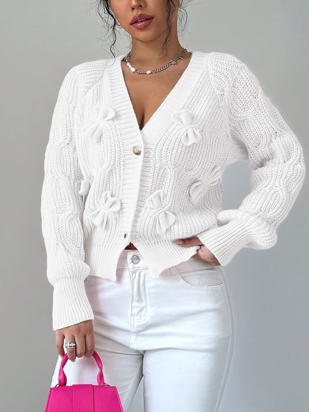 Soft Bow-Detail Long Sleeve Cardigan in Comfortable Knit for Casual Wear