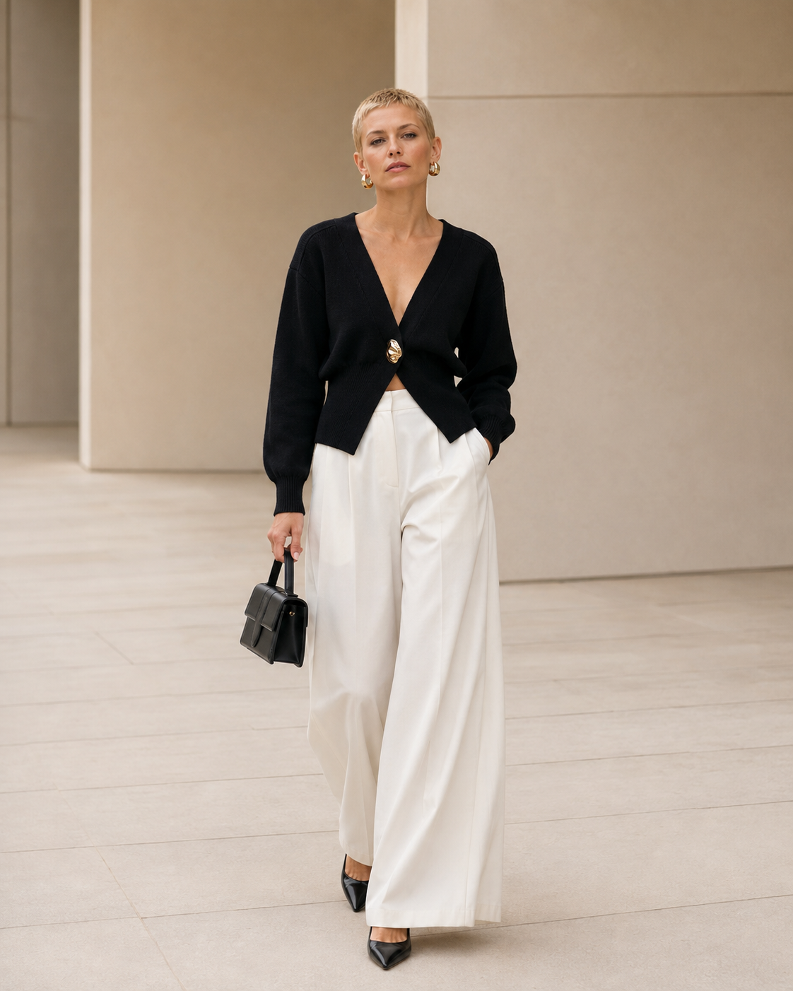 Smart-Casual Chic – Cream V-Neck Cardigan with Gold Buttons