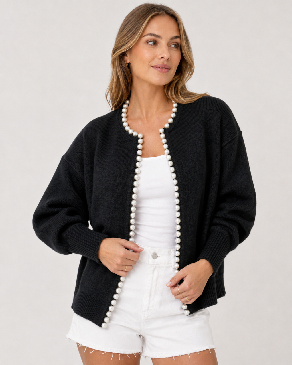 Chilly Evening Out – Soft Open Cardigan with Pearl Trim