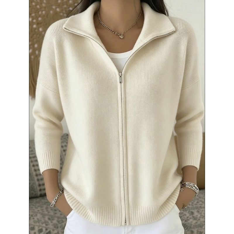 Stand Collar Zip Cardigan - Soft Knit - Women's Casual Outerwear