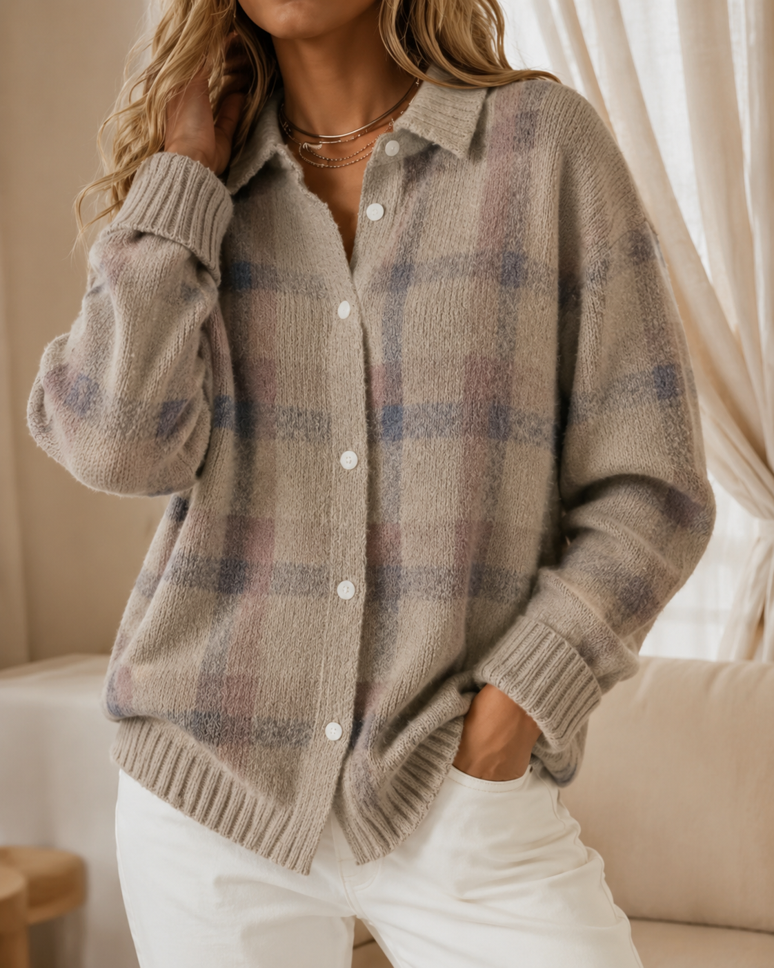 Chic Layering Essential – Checkered Longline Cardigan