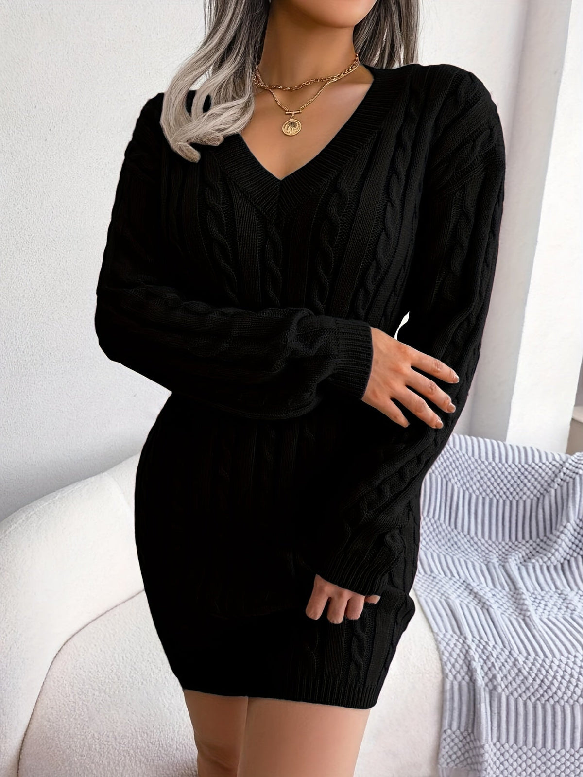 Cable-Knit Peplum Sweater Dress in Soft Fabric for Casual Wear