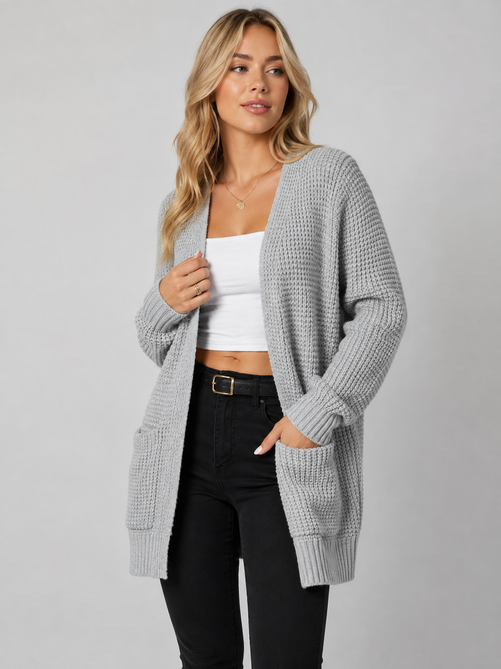 Chilly Evenings Ahead – Soft Waffle-Knit Open-Front Cardigan