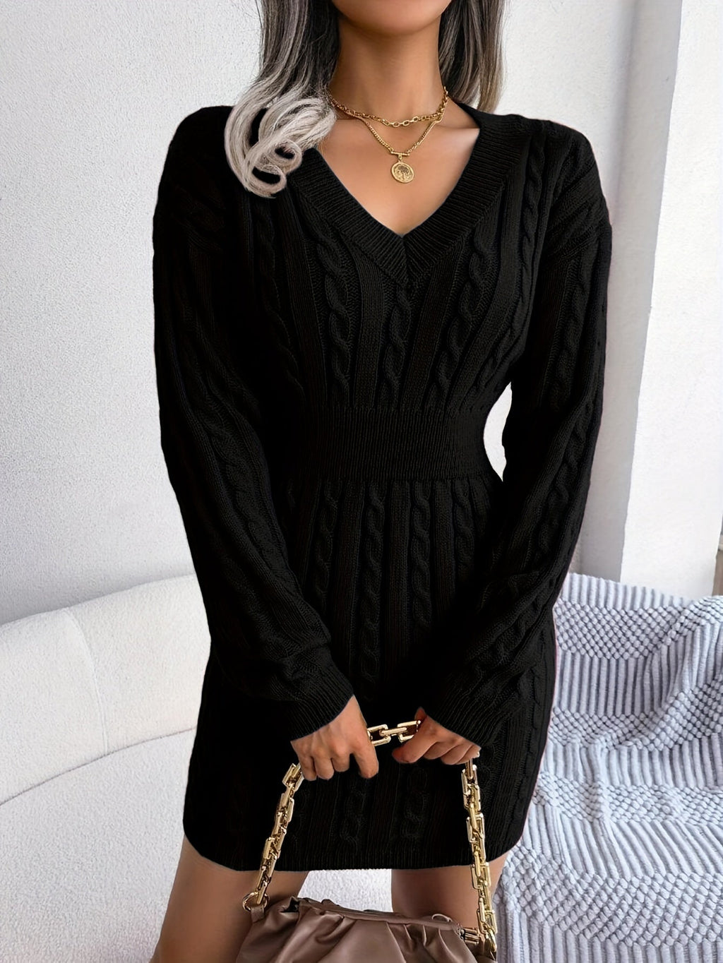 Cable-Knit Peplum Sweater Dress in Soft Fabric for Casual Wear