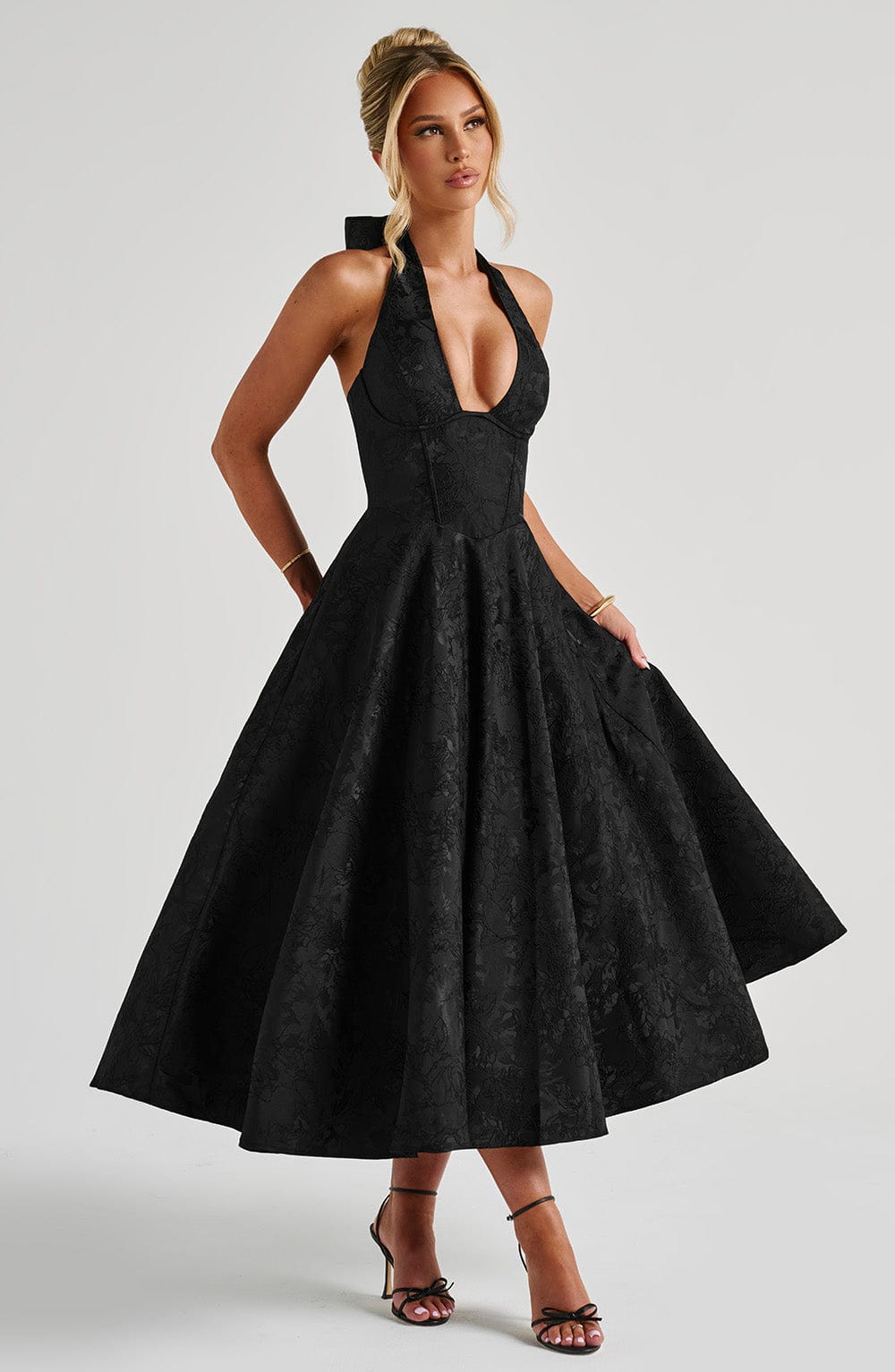 Floral Jacquard Halter Midi Dress Women UK – Wedding Guest, Formal Occasion