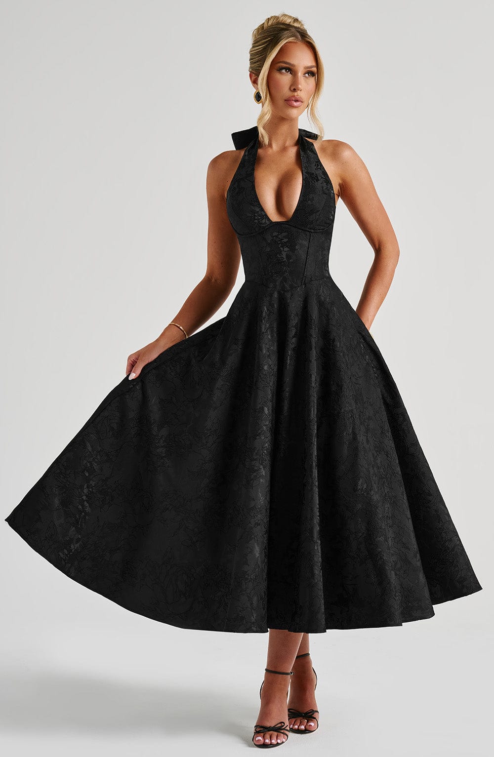 Floral Jacquard Halter Midi Dress Women UK – Wedding Guest, Formal Occasion