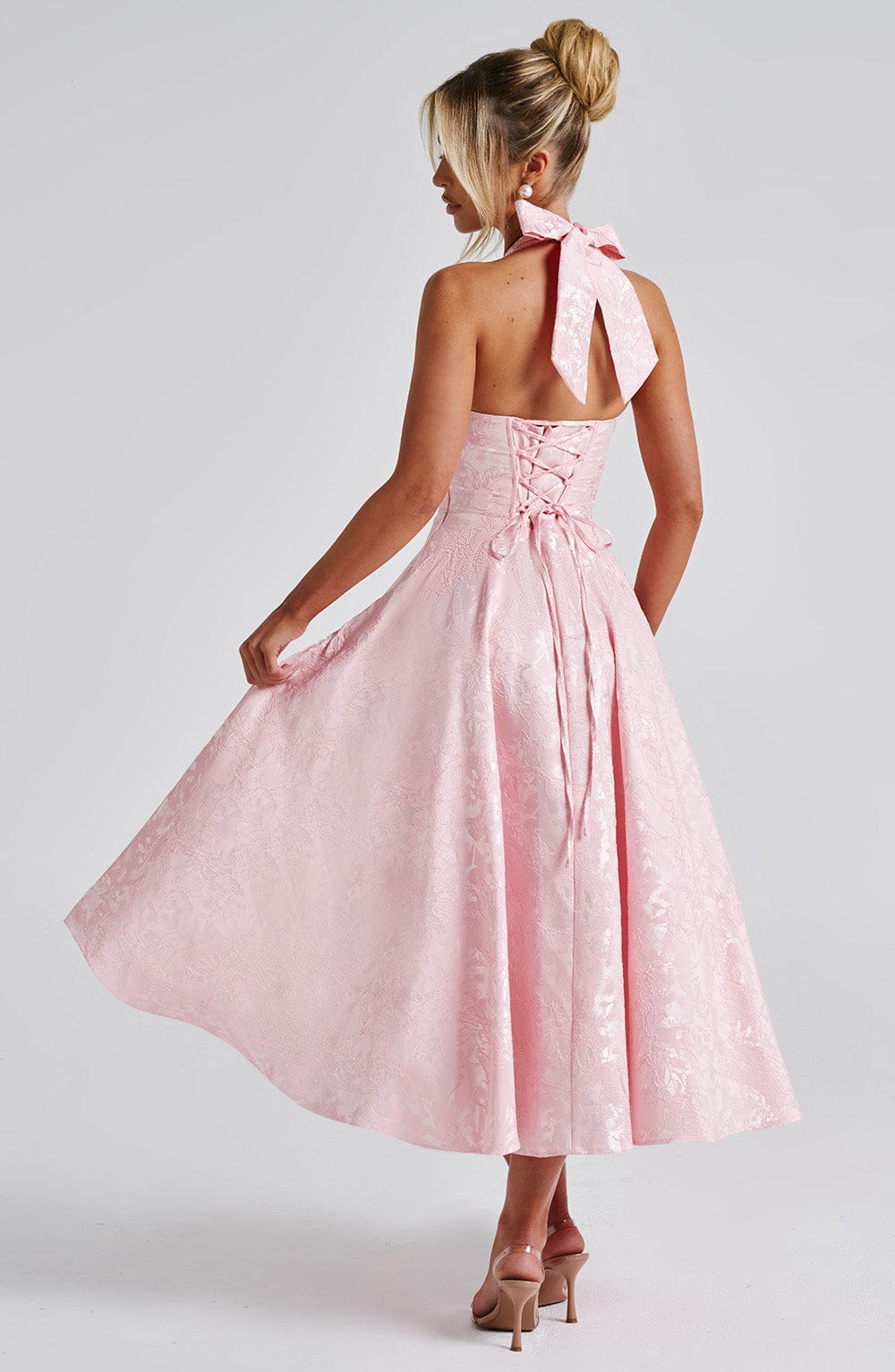 Floral Jacquard Halter Midi Dress Women UK – Wedding Guest, Formal Occasion