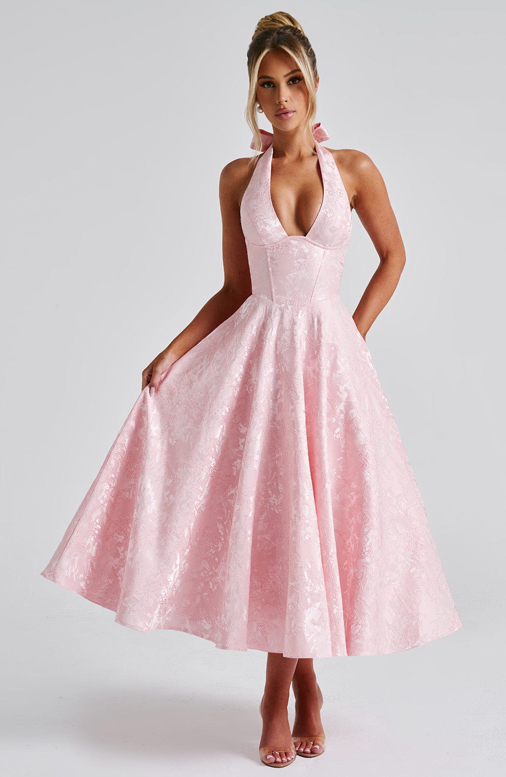 Floral Jacquard Halter Midi Dress Women UK – Wedding Guest, Formal Occasion
