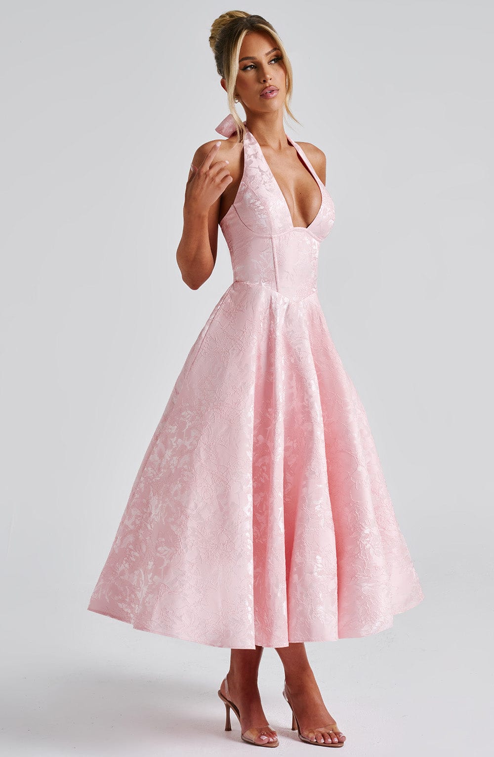 Floral Jacquard Halter Midi Dress Women UK – Wedding Guest, Formal Occasion