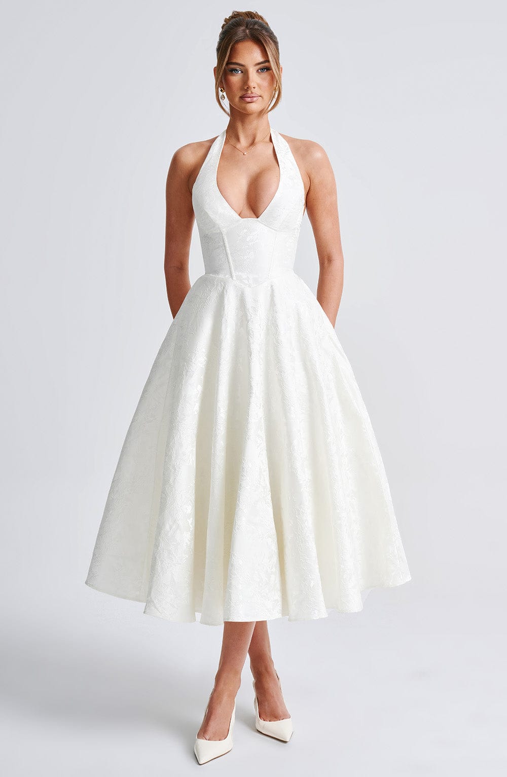 Floral Jacquard Halter Midi Dress Women UK – Wedding Guest, Formal Occasion