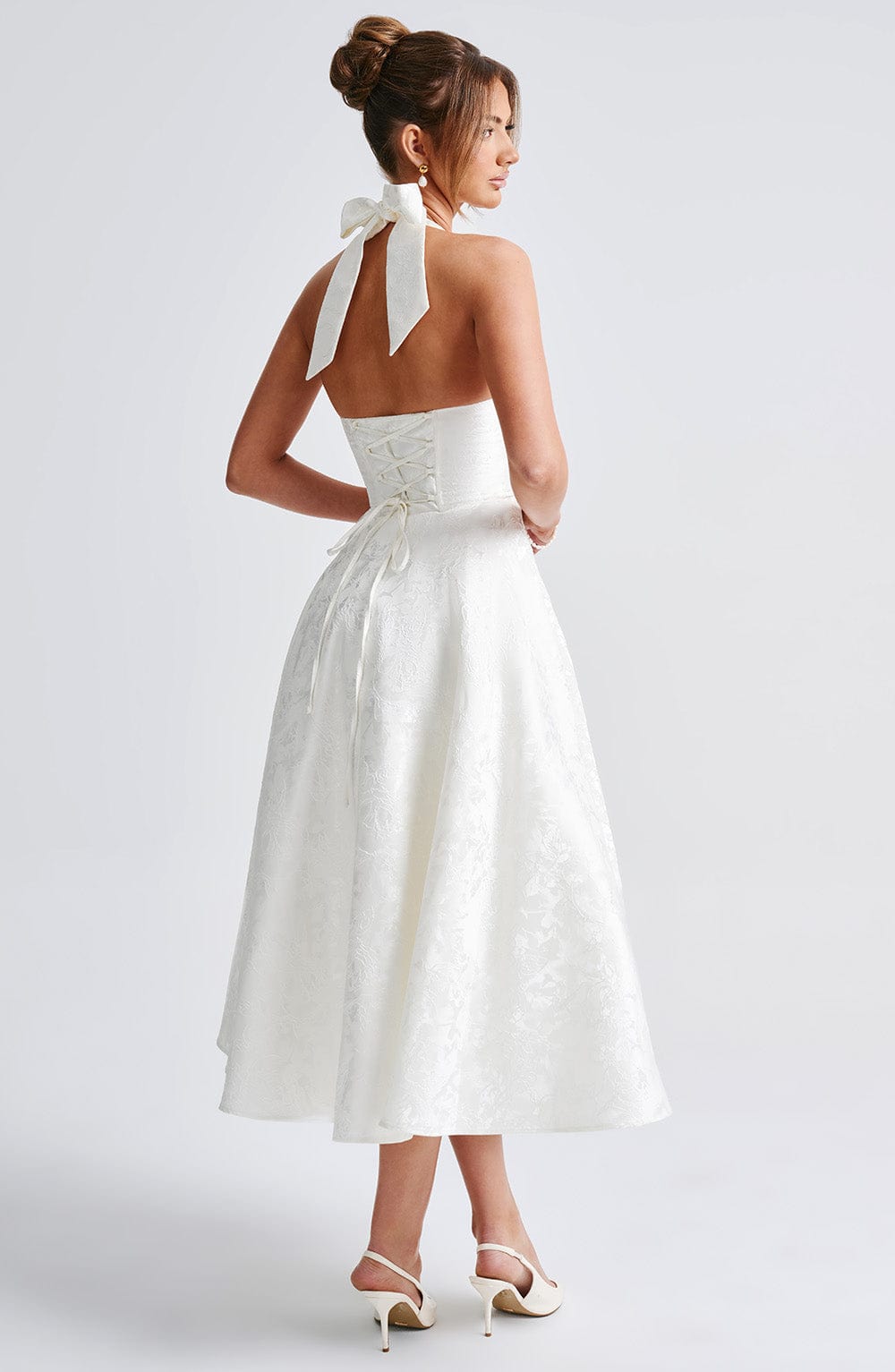 Floral Jacquard Halter Midi Dress Women UK – Wedding Guest, Formal Occasion