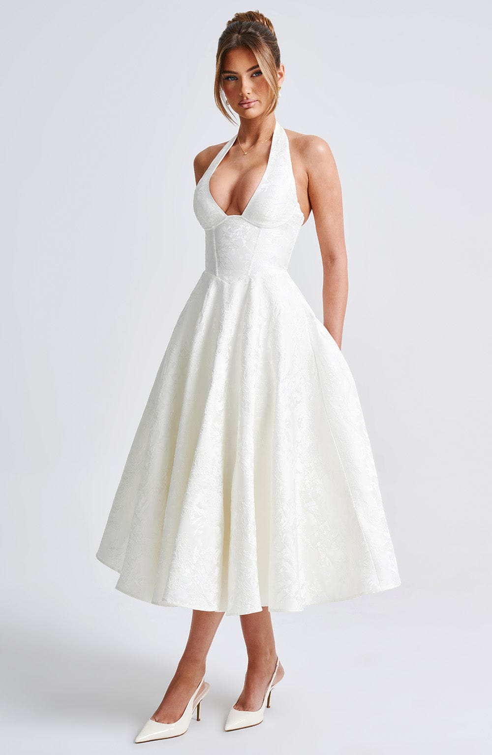 Floral Jacquard Halter Midi Dress Women UK – Wedding Guest, Formal Occasion