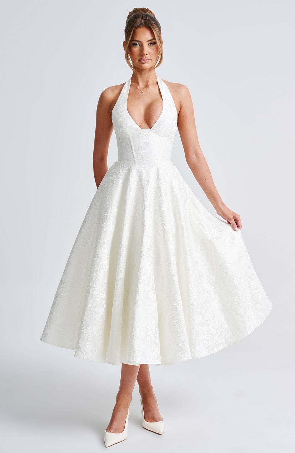 Floral Jacquard Halter Midi Dress Women UK – Wedding Guest, Formal Occasion