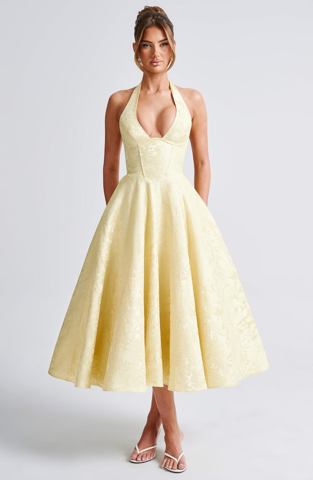 Floral Jacquard Halter Midi Dress Women UK – Wedding Guest, Formal Occasion
