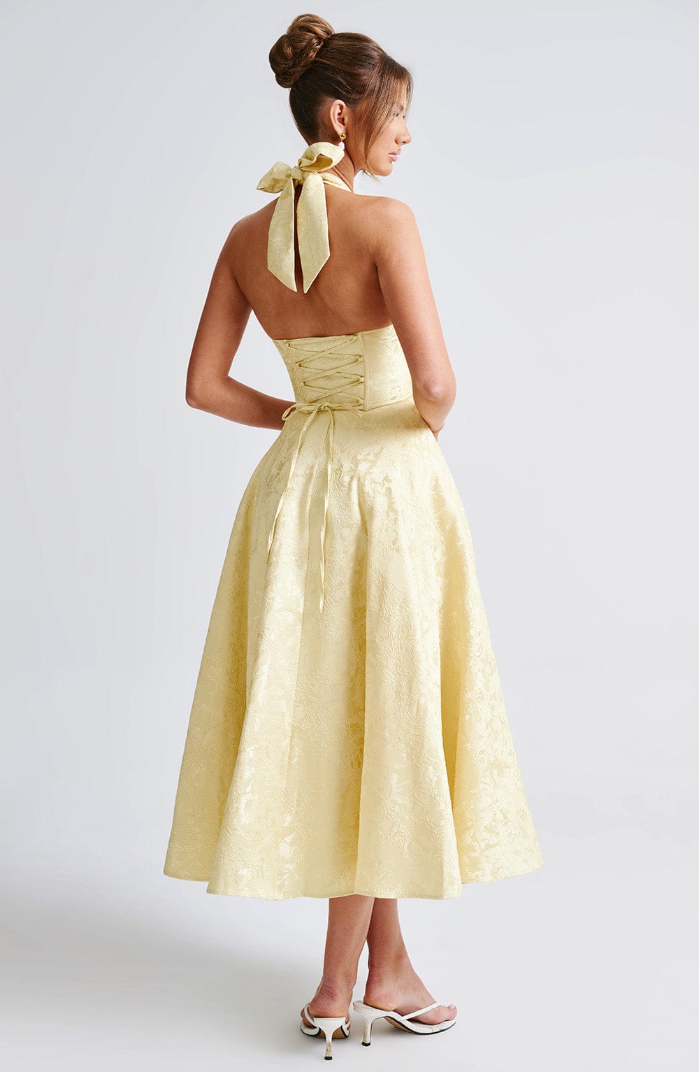 Floral Jacquard Halter Midi Dress Women UK – Wedding Guest, Formal Occasion