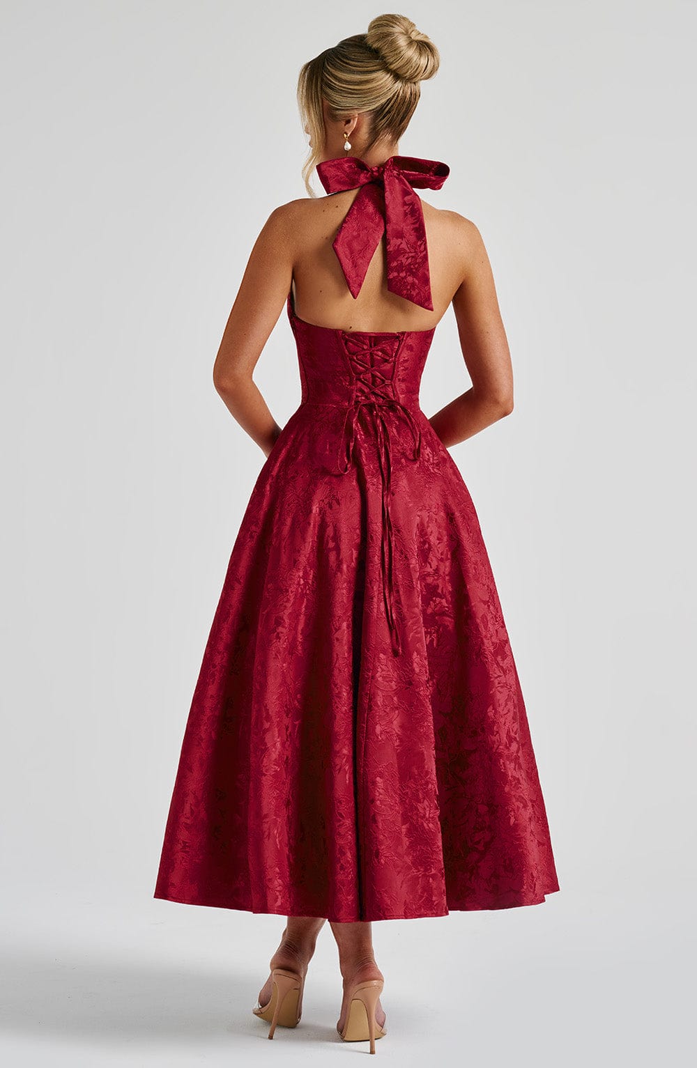 Floral Jacquard Halter Midi Dress Women UK – Wedding Guest, Formal Occasion