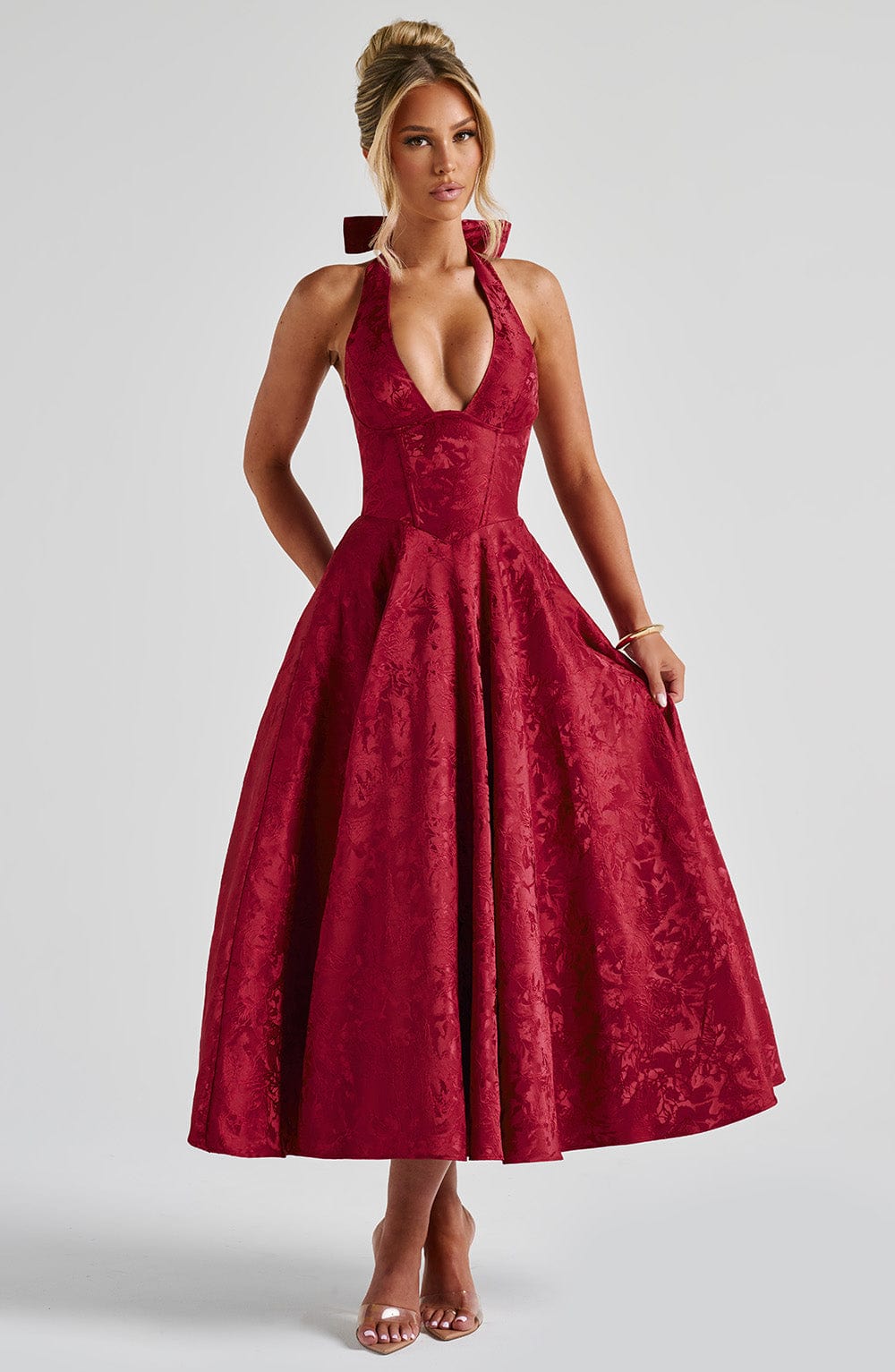 Floral Jacquard Halter Midi Dress Women UK – Wedding Guest, Formal Occasion