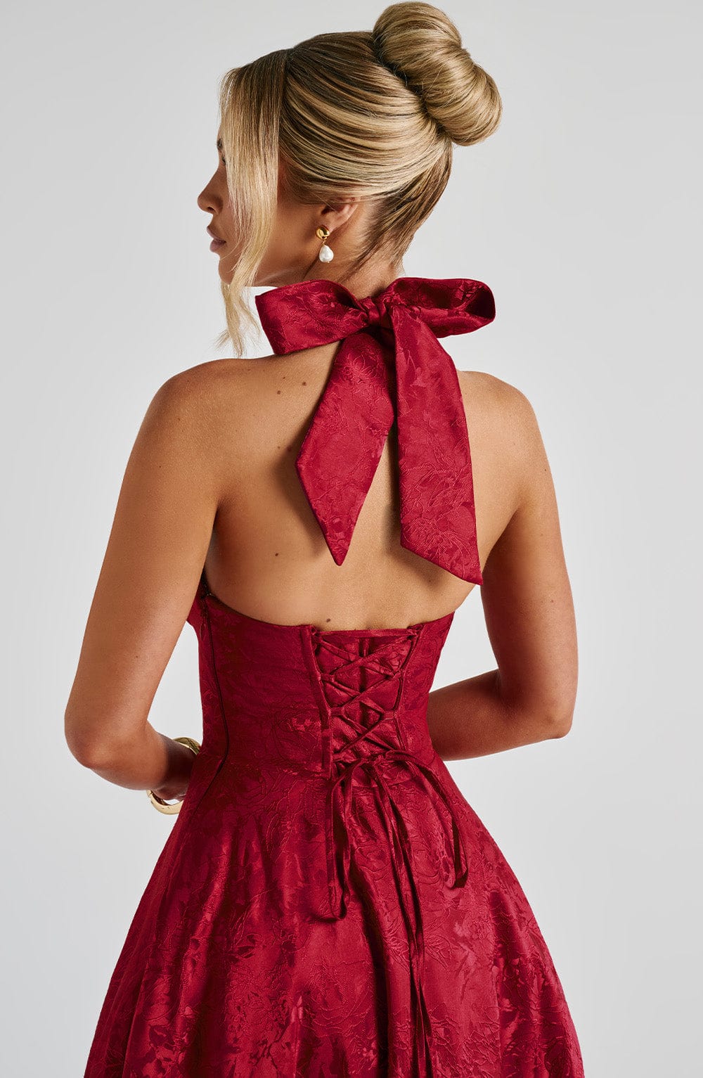Floral Jacquard Halter Midi Dress Women UK – Wedding Guest, Formal Occasion